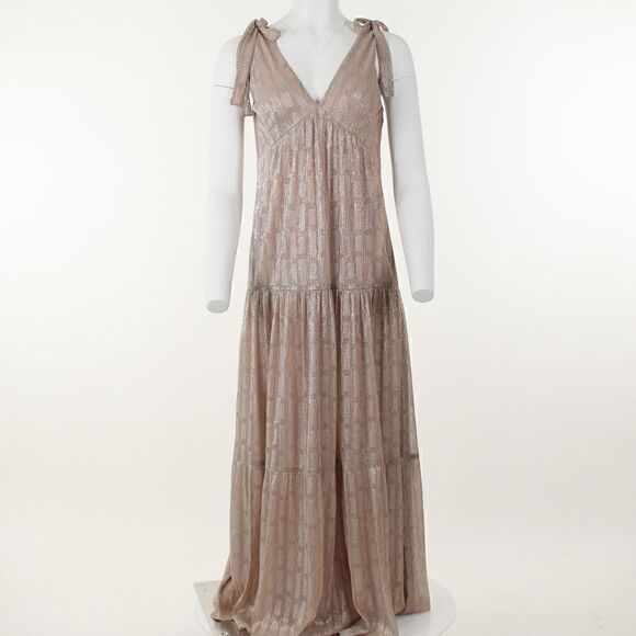 Taylor Metallic-Knit Smocked V-Neck a-Line Dress - Rose - Picture 2 of 5